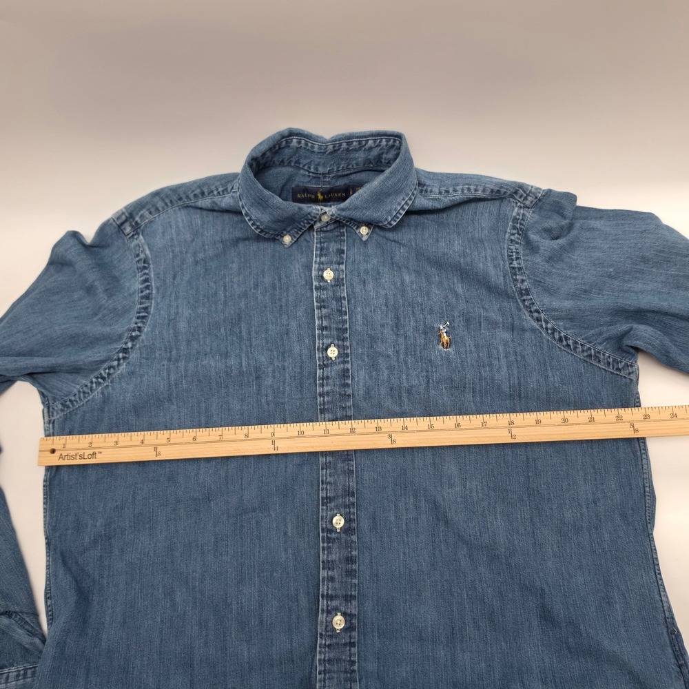 Ralph Lauren Mens Denim Button Down Shirt Blue Long Sleeve Pony Logo Large L - Picture 6 of 12